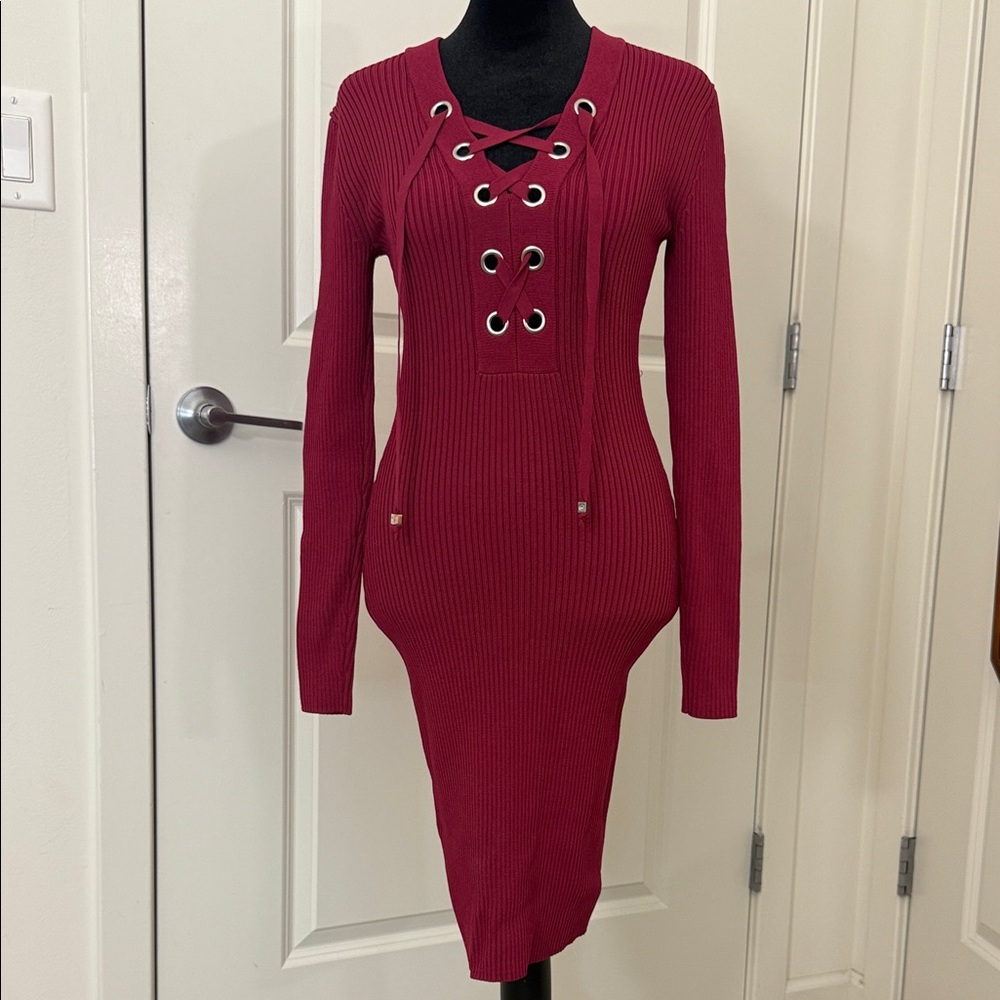 Michael Kors XS Burgundy Ribbed Lace-Up Sweater Dress